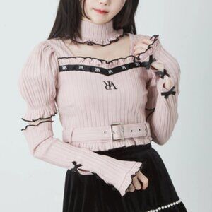 Ank Rouge Pink Sweetheart Neck Rib Knit Short Sleeve Top with Detachable Sleeve